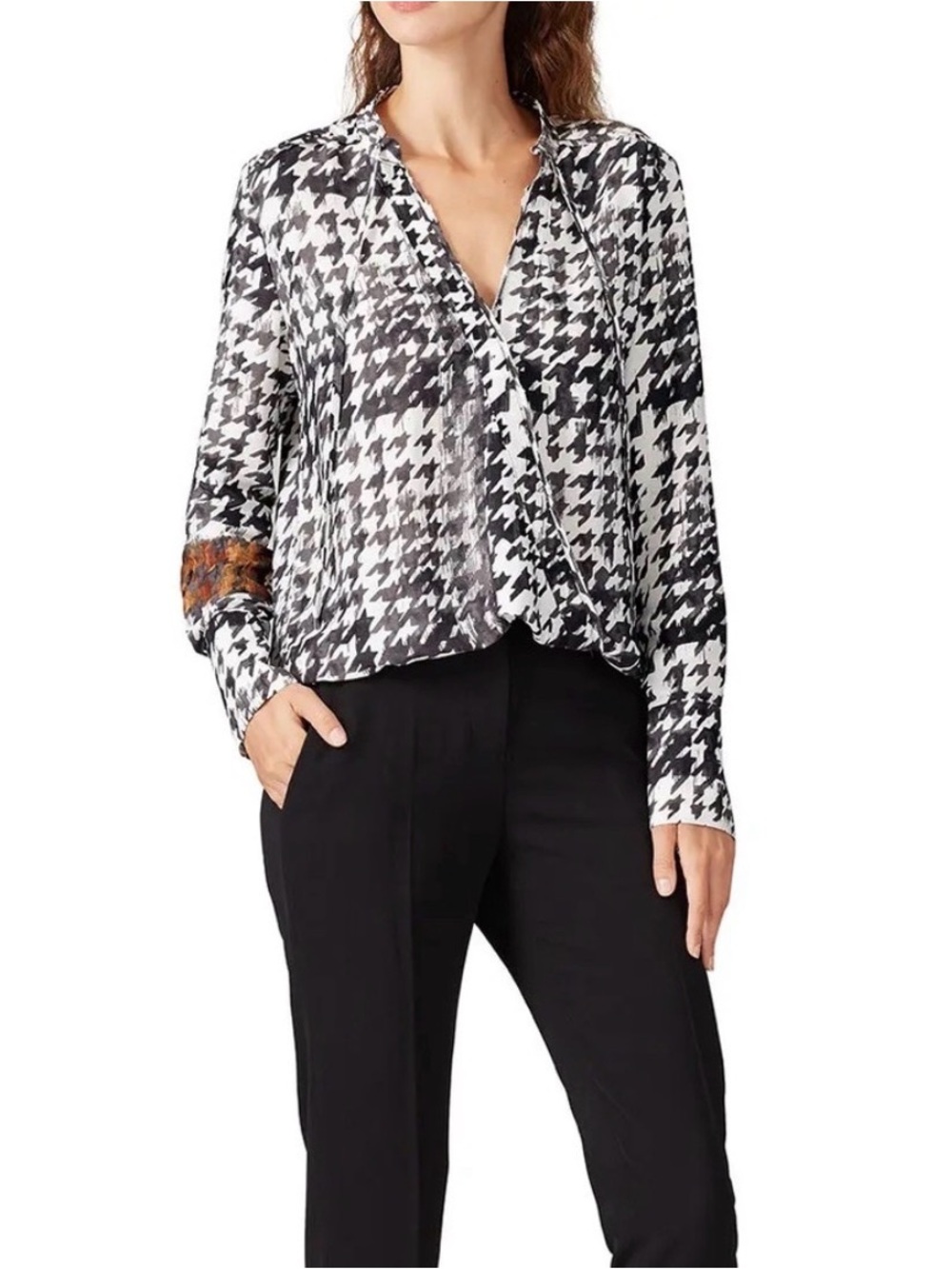Brochu Walker Black & White Houndstooth V-Neck Blouse with Brown Cuff Detail